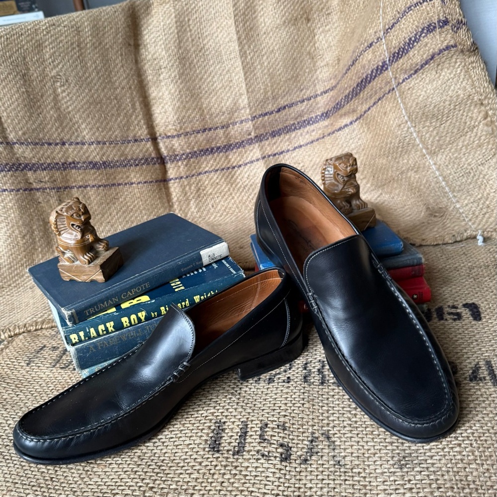 Santoni Black Leather Loafers